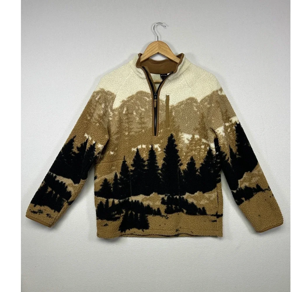 Gorpcore Art Class Boys XL Brown Mountain Landscape Sherpa Fleece Quarter Zip